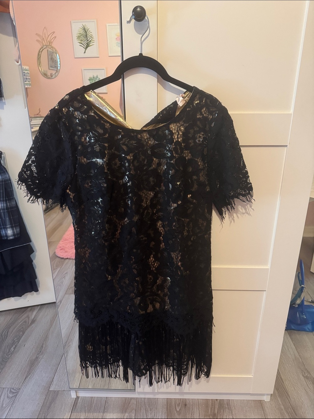 Chelsea & Violet Black Lace Fringe Short Sleeve Dress